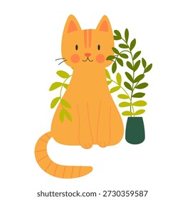 Cute red cat sitting next to a houseplant. Cozy, charming illustration perfect for home decor, pet lovers, and warm lifestyle designs.