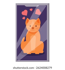 Cute red cat is sitting on a smartphone screen with hearts, perfect for a valentine day greeting card