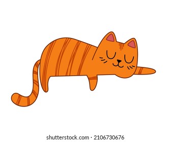 A cute red cat is sleeping. A fluffy striped cat is lying down. Happy pet. Vector illustration isolated on white background.