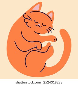 A cute red cat is sleeping. Illustration in flat cartoon style. For print, logo, children's clothing design, postcard