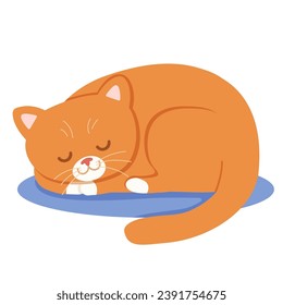 Cute red cat sleeping. Kitty asleep. Kitten relaxing. Flat vector cartoon illustration isolated on white background