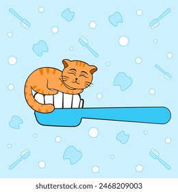 Gato rojo lindo que duerme en la caricatura del cepillo de dientes para el cuidado dental y el Anuncio para los niños, el cuidado de mascotas