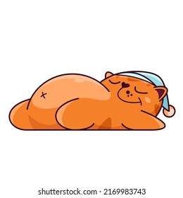 Cute red cat sleeps in a cap. Shows emotions, sleep, good night. Cat character hand drawn style, sticker, emoji