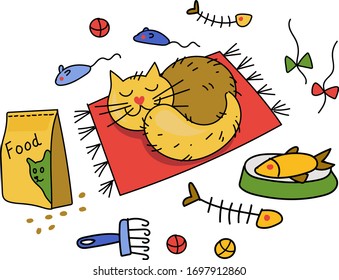 A cute red cat sleeps on a red Mat surrounded by toys, food and care items. Vector drawing in the Doodle style.