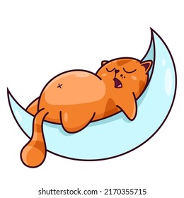 El gato rojo lindo duerme en una luna creciente. Muestra emociones, sueño, buenas noches. Estilo dibujado a mano, pegatina, emoj