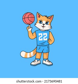 Cute red cat in sports uniform with basketball ball. Cartoon vector character for children