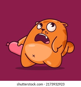 cute red cat stole the sausage. Demonstrates emotion, it's not me who's here. Cat character hand drawn, sticker, emoticon