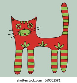 Cute red cat with striped paws and tail on a light grey background. Vector illustration