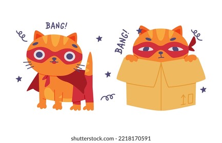 Cute red cat superhero. Funny pet animal character in red mask and cape, kitten hiding in cardboard box cartoon vector illustration