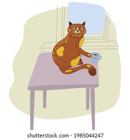 Cute red cat throwing coffee or tea cup off table. Funny cat breaking things vector illustration, cartoon style line art