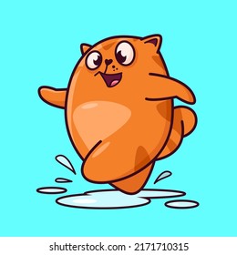 Cute red cat is walking through the puddles. Demonstrates emotions, joy, happiness, rain. Cat character hand drawn style, sticker, emoji