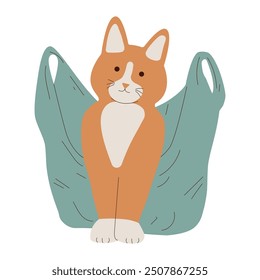 A cute red cat with white socks is sitting in a bag with pleasure. Flat style. Vector illustration.