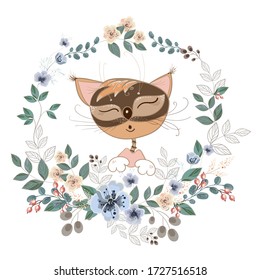 A cute red cat who sings a song in a round frame of flowers