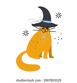 El gato rojo lindo con un sombrero de punción de brujas. Ilustración vectorial plana aislada en fondo blanco