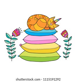 Cute red caticorn sleeping on the pillows with flowers. Magic cat with a horn. Lovely vector illustration.