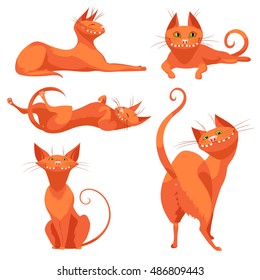 Cute red cats in cartoon style. Set of funny cats isolated on white background. Vector illustration.
