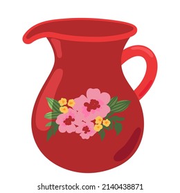Cute red ceramic milk jug design element flat cartoon illustration. Capacity for drink. Colored tableware hand drawn vector design. Kitchen trendy crockery for hot drink isolated on white background