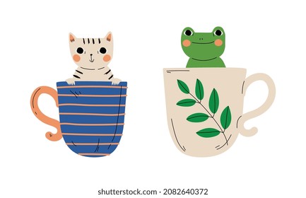 Cute Red Cheeked Cat and Frog Animal Sitting in Mug Vector Set
