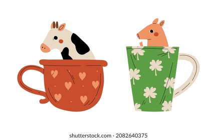 Cute Red Cheeked Cow and Pig Animal Sitting in Mug Vector Set