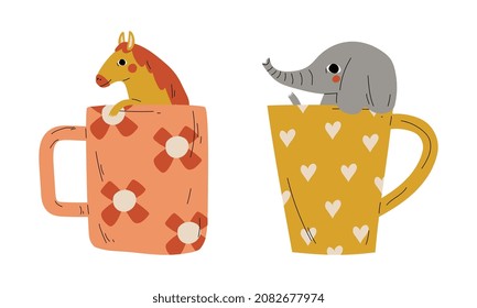 Cute Red Cheeked Horse and Elephant Animal Sitting in Mug Vector Set