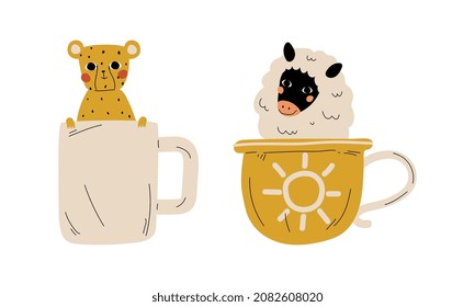 Cute Red Cheeked Leopard and Sheep Animal Sitting in Mug Vector Set