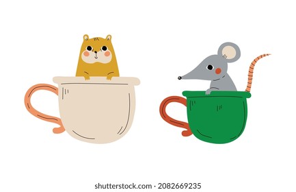 Cute Red Cheeked Mouse and Hamster Animal Sitting in Mug Vector Set