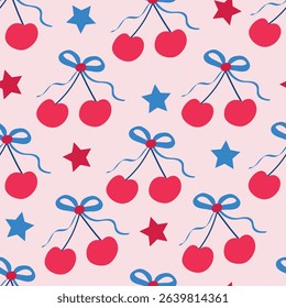 cute red cherries with American blue ribbons and stars seamless pattern. For Independence day print, fabric and textile 