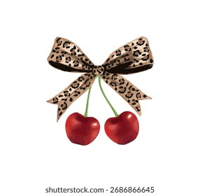 Cute red cherries and leopard pattern bow, vector for fashion, card, poster designs