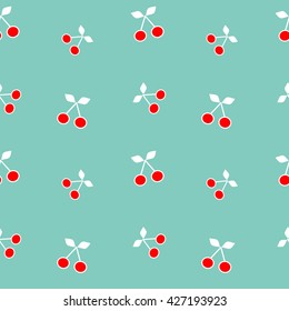 cute red cherries on blue background seamless vector pattern illustration