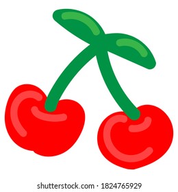 cute red cherries on a branch with green leaves, vector color element, cute simple drawing for kids, funny fruits