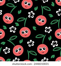 Cute red cherry berry seamless pattern, fabric textile print on black background