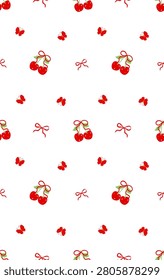 Cute red cherry and bow seamless pattern vector illustration, coquette aesthetic cherry fruit wallpaper background