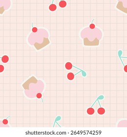 Cereja vermelha bonita e cupcake no padrão sem emenda tartan. Doodle fruta e sobremesa no vetor verificado para papel de parede, têxtil, moda, fundo, papelaria, embalagem, cartão e casos de telefone.