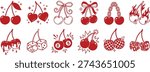 Cute Red Cherry Doodle Icon Set – Hand Drawn Fruit, Bows, Candy and Kawaii Pop Art Vector Collection