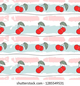 Cute red cherry doodle seamless pattern wallpaper background for print, wrap, fabric.
