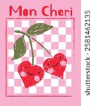Cute red cherry with face on checkered board background. Cherries with green stem and leaves. Sketchy hand drawn vector doodle illustration. Textured heart shaped. Valentine’s Day slogan.
