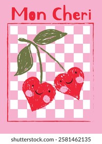 Cute red cherry with face on checkered board background. Cherries with green stem and leaves. Sketchy hand drawn vector doodle illustration. Textured heart shaped. Valentine’s Day slogan.