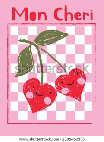 Cute red cherry with face on checkered board background. Cherries with green stem and leaves. Sketchy hand drawn vector doodle illustration. Textured heart shaped. Valentine’s Day slogan.