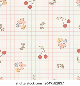 Cereja vermelha bonito, flor e folhas no padrão sem emenda tartan. Doodle fruta e floral no vetor verificado para papel de parede, têxtil, moda, fundo, papelaria, embalagem, cartão e casos de telefone.