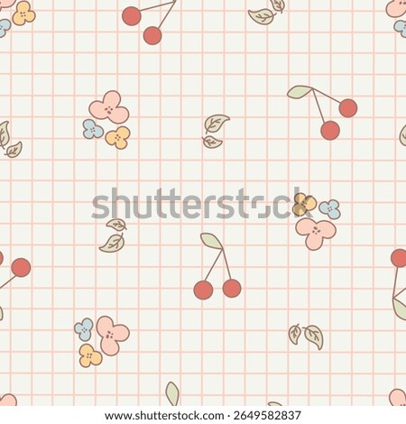 Cute red cherry, flower and leaves on the tartan seamless pattern. Doodle fruit and floral on checked vector for wallpaper, textile, fashion, background, stationery, wrapping, card, and phone cases.
