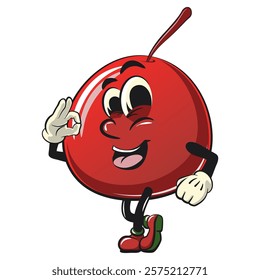 Cute red cherry fruit vektor illustration mascot character greet by giving oke sign, work of hand drawn