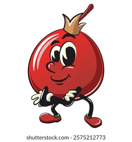 Cute red cherry fruit vektor illustration mascot character crowned like a king while folding his arms calmly, work of hand drawn
