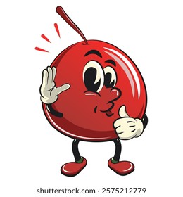 Cute red cherry fruit vektor illustration mascot character wave hand and give a thumbs up sign, work of hand drawn