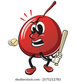 Cute red cherry fruit vektor illustration mascot character playing baseball ready to hit the ball with the bat, work of hand drawn