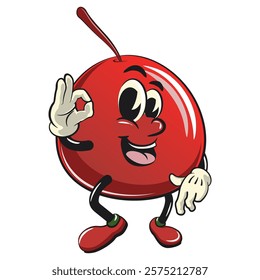 Cute red cherry fruit vektor illustration mascot character dancing while giving the okay sign, work of hand drawn