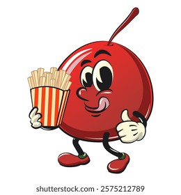 Cute red cherry fruit vektor illustration mascot character brought a box of french fries, work of hand drawn