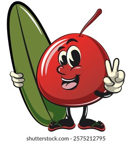 Cute red cherry fruit vektor illustration mascot character with surfboard and gave a peace sign, work of hand drawn