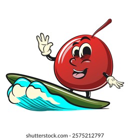 Cute red cherry fruit vektor illustration mascot character surfing riding the waves, work of hand drawn