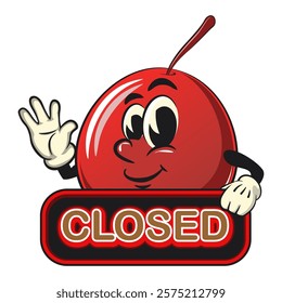 Cute red cherry fruit vektor illustration mascot character showing a sign that says closed while waving his hand, work of hand drawn