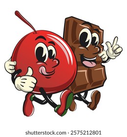 Cute red cherry fruit vektor illustration mascot character walk with a chocolate bar character while giving thumbs up, work of hand drawn